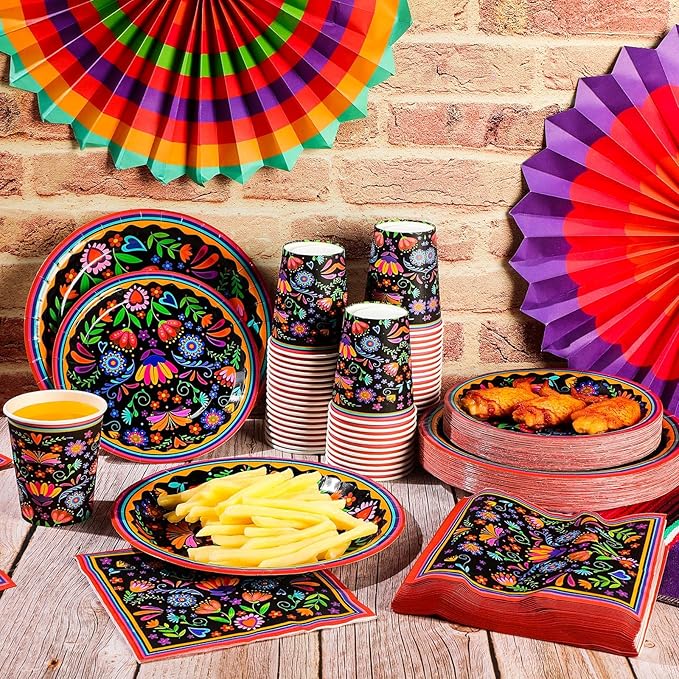 Domensi 400 Pieces Mexican Party Decoration Supplies Serves 50/100 Guests, Mexican Paper Plates Napkins Cups Set Fiesta Disposable Tableware for Cinco De Mayo Taco Tuesday Birthday Party Decorations