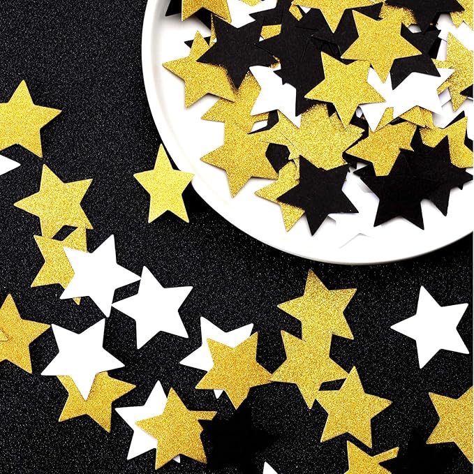 300pcs Black White Gold Confetti,Glitter Paper decor Twinkle Little Star Table Confetti,Birthday Graduation 2025 Fathers Day Wedding Baby Shower Party Decorations Circle Dots Lasting Surprise
