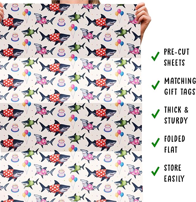 CENTRAL 23 Shark Wrapping Paper - 6 Sheets of White Gift Wrap with Sharks, Balloons, and Cakes - Birthday Wrapping Paper for Kids, Men, Women - Christmas Holiday Events Baby Shower