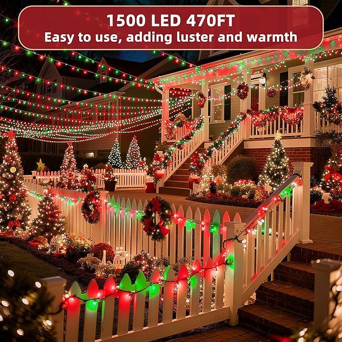 470FT Christmas Lights Outdoor, 1500 LED Christmas Tree Decoration Lights with 12 Modes & Timer Memory, Dimmable Plug In Waterproof LED Xmas Light for Yard Trees Wedding Party Holiday Red & Green