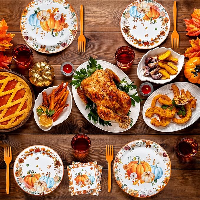 96 Pieces Thanksgiving Pumpkin Tableware Set ??Rustic Sunflower and Pumpkin Disposable Plates, Napkins, and Forks for Fall Dinners, Friendsgiving, Harvest Parties ??Serves 24 Guests