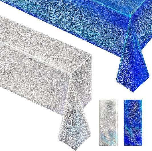 Royal Blue & Silver Holographic Party Tablecloth 40" x 108" Iridescence Plastic Table Cloth Blue White Table Covers for Graduation 4th of July Princess Birthday Winter Christmas Party Decoration