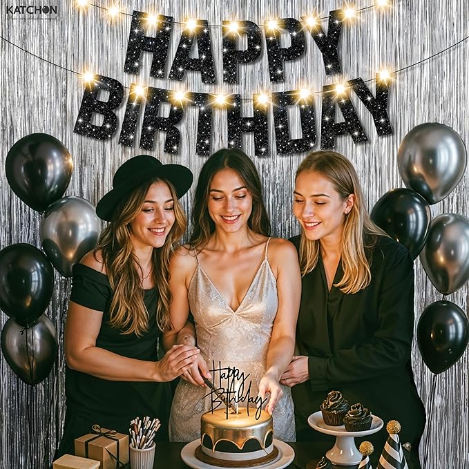 KatchOn, Black and Silver Birthday Decorations Set - Pack of 5 | Glitter Happy Birthday Banner, Silver Backdrop, Led Light, Cake Topper | Happy Birthday Decorations for Men, Women, Girls and Boys