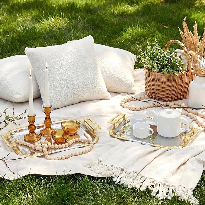 4 Pcs Silver Serving Tray with Handles Elegant Victoria Floral Engraved Metal Platters Large Decorative Trays for Buffet,Wedding Party, Jewelry Display, Service (Modern,Slive and Gold)