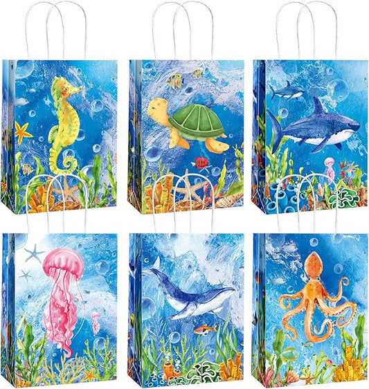 Outus 24 Pcs Sea Animals Party Gift Bags Ocean Undersea Theme Party Goodie Treat Candy Wrap Bags with Handle Colorful for Kids Girls Boys Birthday Decorations