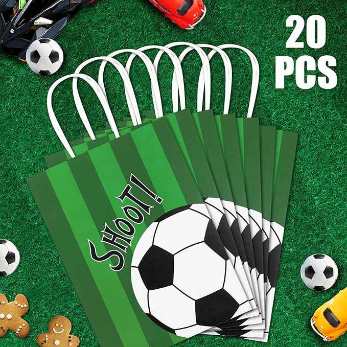 Ethanberg 20Pcs Soccer Party Favor Bags with Handles, Soccer Themed Kraft Paper Gift Bags Candy Bag, Shoot Theme Goodie Bag for Sport Team Ball Events Theme Birthday Party Supplies