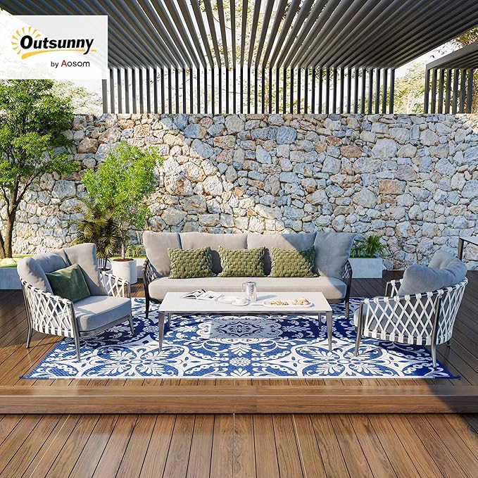 Outsunny Reversible Outdoor Rug Carpet, 9' x 12' Waterproof Plastic Straw Rug, Portable RV Camping Rugs with Carry Bag, Large Floor Mat for Backyard, Deck, Picnic, Beach, Blue & White Floral