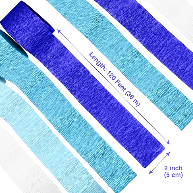 Blue Crepe Paper Streamers, Blue Party Decorations - 8 Large Rolls, 2in x 120ft Each Roll - Decorative Creped Roll for Birthday, Festival, Wedding, Backdrop or Photo Booth Decoration and Flower Making