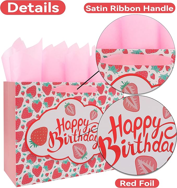 wishinside 13” Large Strawberry Happy Birthday Gift Bag Set with Handles, Greeting Card, Tissue Papers and Stickers for Girls Kids Teens Women, Cute Fruit Themed Birthday Design, 1 Pcs