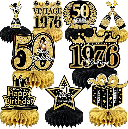 9 Pcs 50th Birthday Decoration for Men Women 50th Birthday Table Decorations Cheers to 50th Birthday Honeycomb Centerpieces Table Topper Black and Gold 50th Birthday Party Favors