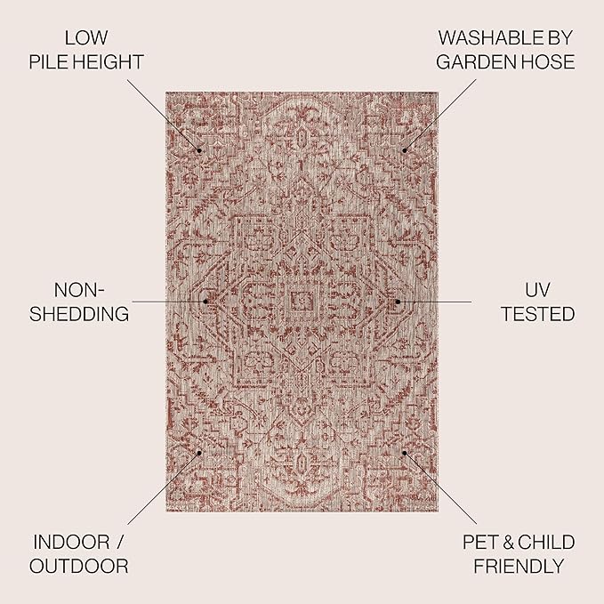 JONATHAN Y Boho Medallion Indoor Outdoor Round Area Rug 3 Ft Red/Taupe, Estrella Textured Weave for Backyard, Patio, Porch, Easy-Cleaning, High Traffic, Pet-Friendly, Non-Shedding (SMB105A-3R)