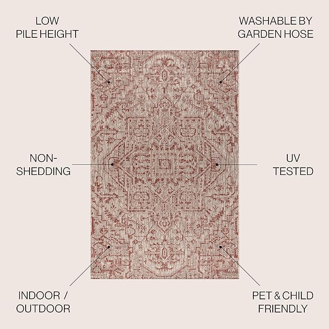 JONATHAN Y Boho Medallion Indoor Outdoor Round Area Rug 4 Ft Red/Taupe, Estrella Textured Weave for Backyard, Patio, Porch, Easy-Cleaning, High Traffic, Pet-Friendly, Non-Shedding (SMB105A-4R)