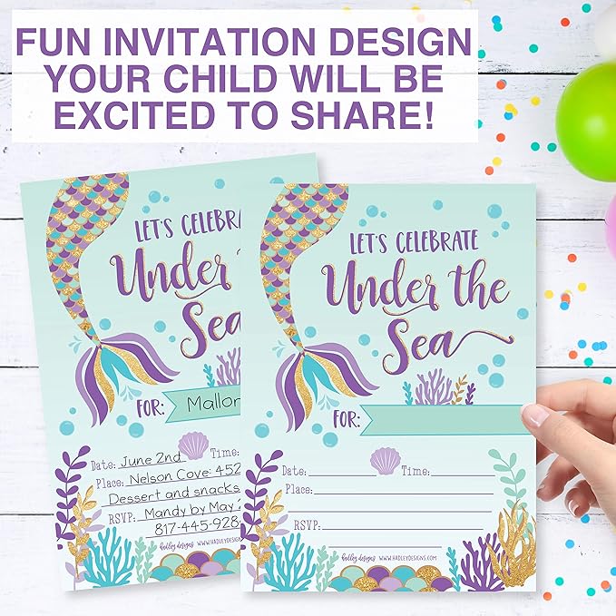 Hadley Designs Kids Birthday Invitations Girl Mermaid Theme - 25 Mermaid Birthday Party Invitations For Girls, Under the Sea Invites For Girls, Cute Party Supplies, Made in USA