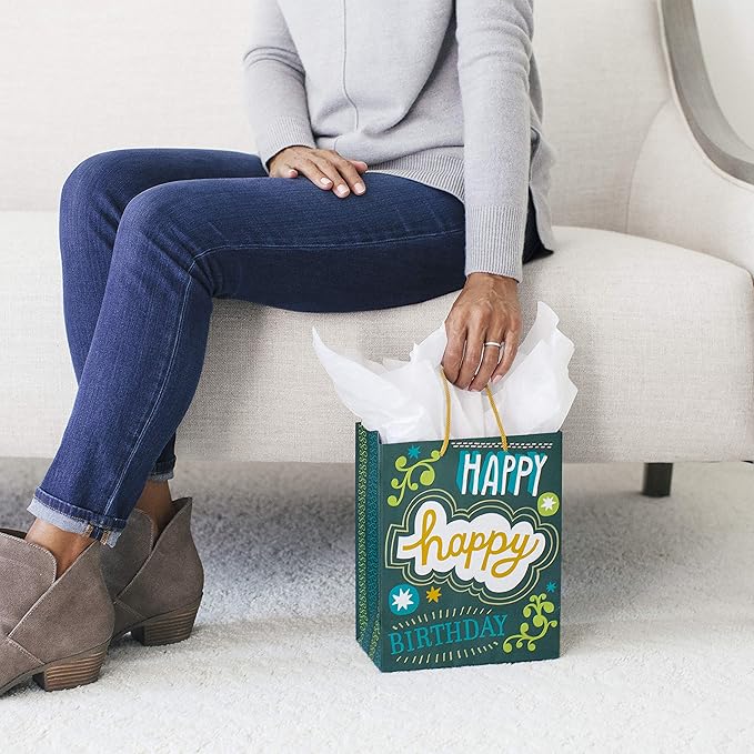 Hallmark 9" Medium Birthday Gift Bag with Tissue Paper and Mini Signs (Happy Happy Birthday, Green, Grey, Blue Hand lettering)