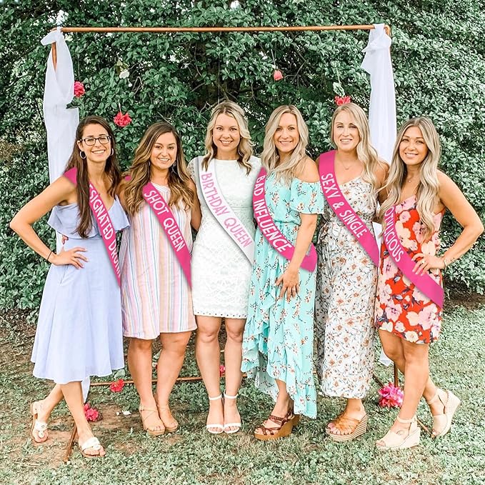 10 Pcs Birthday Queen Sashes for Women, Funny Happy Birthday Squad Sash for Girls Sweet 16,18th 21st 30th 40th 50th or Any Other Bday Party Supplies Decorations Jokes and Favors (Pink + White)