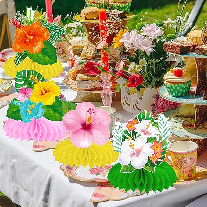Hawaiian Tropical Party Honeycomb Centerpieces 12Pcs Hibiscus Flower Palm Leaves Centerpieces for Tables Hawaiian Flower Centerpieces Decorations for Hawaii Luau Aloha Party Supplies