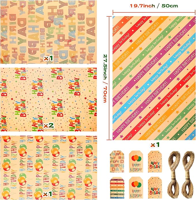 BWLOIES Wrapping Paper Birthday Gift Wrapping Paper Sheets Set, Kraft Birthday Gift Wrap Set,Balloon Star Happy Birhtday Paper with Tags String,Bday Present Wrap for Boy Girl Women Men