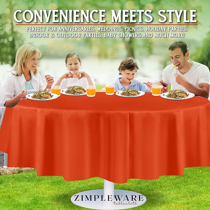 ZIMPLEWARE Premium Orange Plastic Table Cloth Disposable (12 Pack) Round Tablecloth (84in) Party Table Cloths Disposable, Perfect Table Cloth Round Cover for Any Table Up to 6 Feet