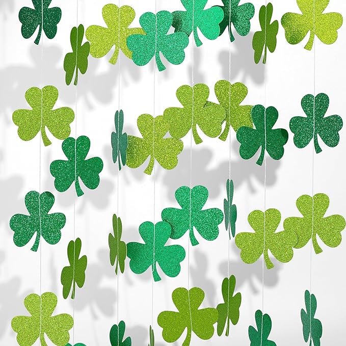 40Ft Glitter Shamrock Clover Garland St. Patrick's Day Decor Light Dark Green Hanging Streamer for Irish Lucky Spring Party Home Office Decor Supplies