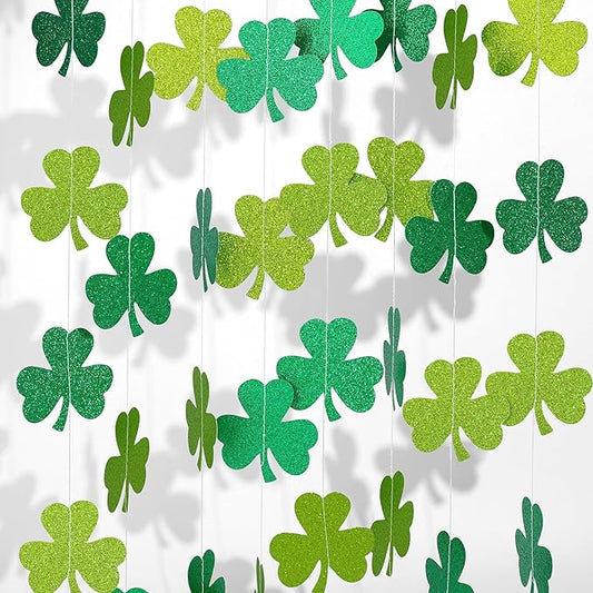 40Ft Glitter Shamrock Clover Garland St. Patrick's Day Decor Light Dark Green Hanging Streamer for Irish Lucky Spring Party Home Office Decor Supplies