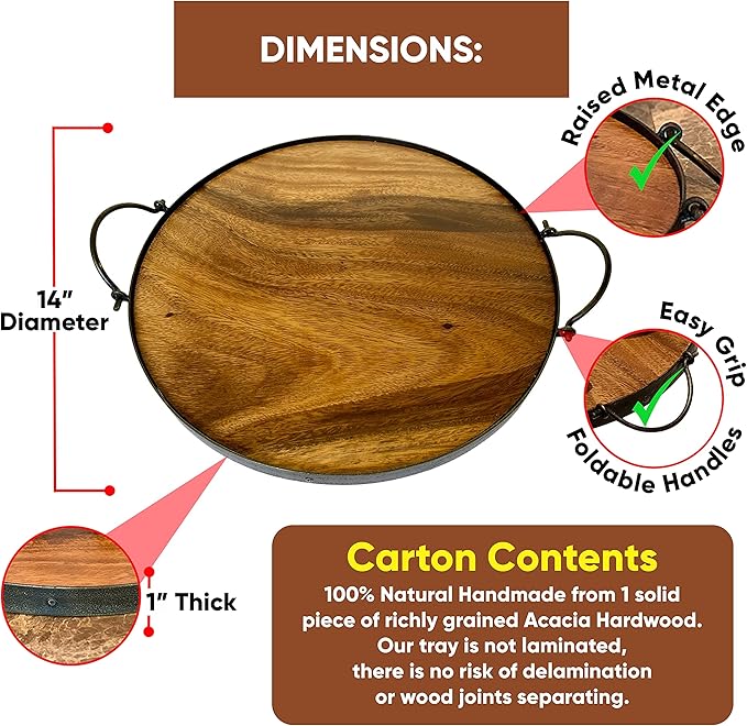 Acacia Wood Cheese Tray and Serving Board with Handles – Large Round Charcuterie Circle Board, Hardwood Platter for Entertaining and Serving, 14" Diameter