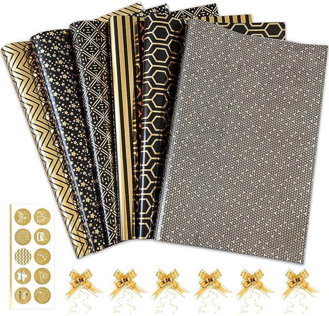 Larcenciel Gift Wrapping Paper Set, 6 Sheets Metallic Black Gold Foil Wrapping Paper w/Gift Bow & Sticker, Shiny Luxury Men Boys Gift Wraps for Birthday, Holiday, Graduation, Baby Shower, 27.5x19.6in