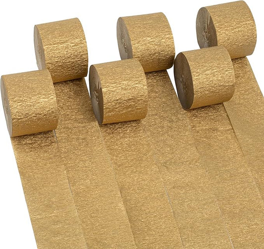 Crepe Paper Streamers 6 Rolls 492ft,Pack of Gold Streamers Party Decorations,Crepe Paper Roll for Birthday,Wedding,Bachelorette,Bridal Shower Decorations (1.8 Inch x 82 Ft/Roll)