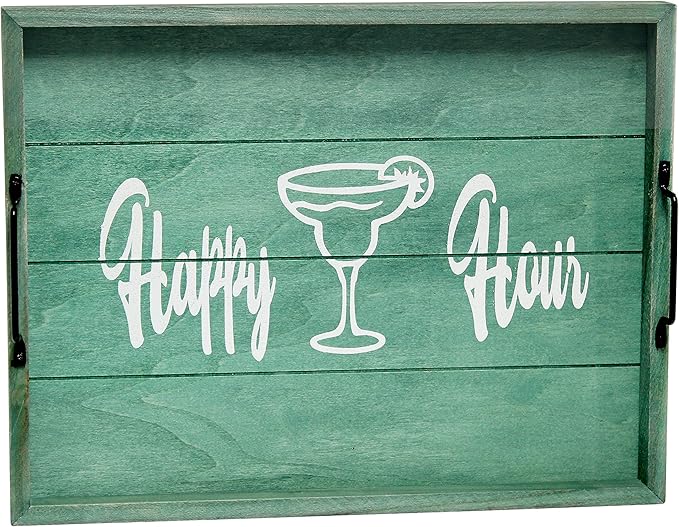 Elegant Designs HG2000-AHH Margarita Drinks Lime Bar Kitchen Wetbar Decorative Wood Serving Tray w/Handles, 15.50” x 12”, Aqua Wash Happy Hour