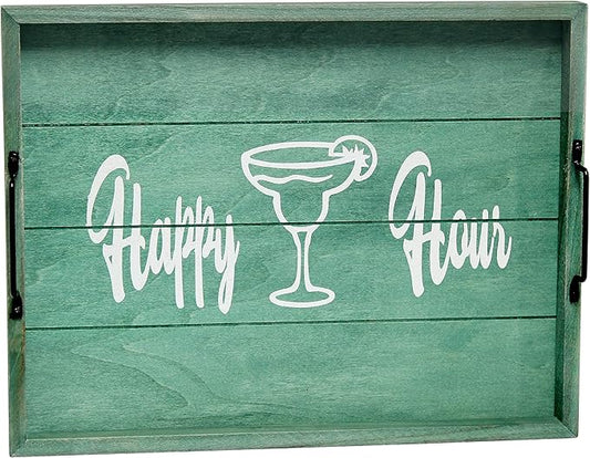 Elegant Designs HG2000-AHH Margarita Drinks Lime Bar Kitchen Wetbar Decorative Wood Serving Tray w/Handles, 15.50” x 12”, Aqua Wash Happy Hour