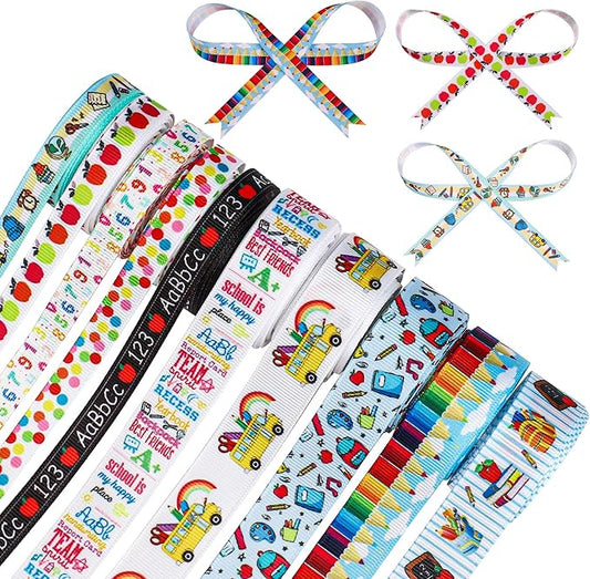 School Theme Ribbon Teacher Grosgrain Ribbons Decorative School Craft Ribbon for Back to School DIY Crafts Teacher Appreciation Gifts Wrapping 3/8, 4/5 Inch, 10 Rolls 50 Yards in Total