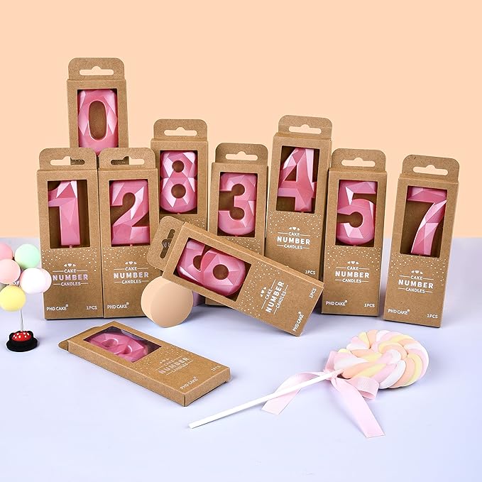 PHD CAKE 2.76 Inch Crystal Pink 8 Number Birthday Candles, Pink Cake Candles for Party Celebration