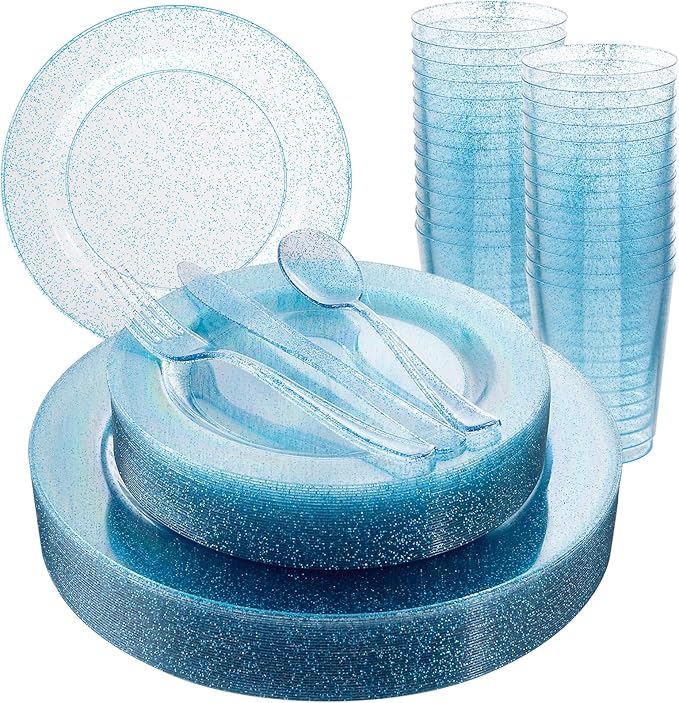Rubtlamp 180Pcs Blue Glitter Dinnerware Set(30 Guests), Blue Plastic Plate With Gitter Disposable Silverware, Gitter Plate Set Include 30Dinner Platos, 30Dessert Platos, 90Cutlerys, 30Cups for Party