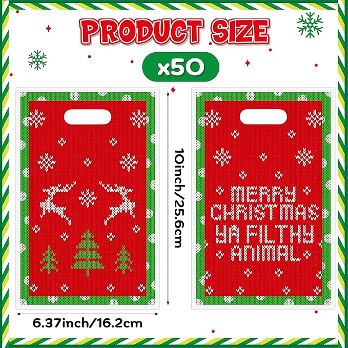 JuPelozak Christmas Party Favor Bags - 50pcs Funny Xmas Movie Goodie Bag, Merry Christmas Ya Filthy Animal Candy Cookies Gift Decor for Adult Teen Fans, Holiday Celebration Decorations Supplies