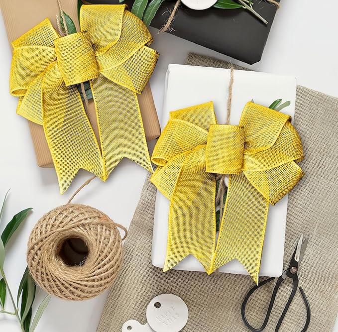 Gold Yellow Burlap Ribbon 1-1/2 inch X 10 Yard Natural Burlap Ribbons Woven Wired Ribbon DIY Handmade Edging Production Wreath Holiday Decoration Gift Wrapping Yellow Gold Ribbons