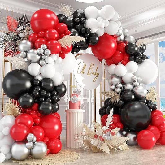 412Pcs Red Black and White Balloon Garland Arch Kit,18 12 10 5 Inch Different Size Red Black White Balloons for Shower Birthday New Year Graduation Wedding Racing Car Poker Party Decorations