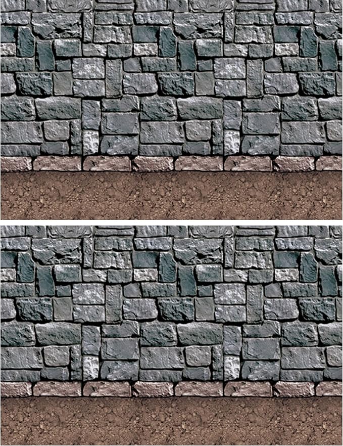 Beistle Stone & Dirt Floor Wall Backdrops, 4’ x 30’, Pack of 2 – Medieval Party Decorations, Medieval Decor Background, Easy to Adhere Wall Covering, Stone Backdrop, Halloween Party Decorations