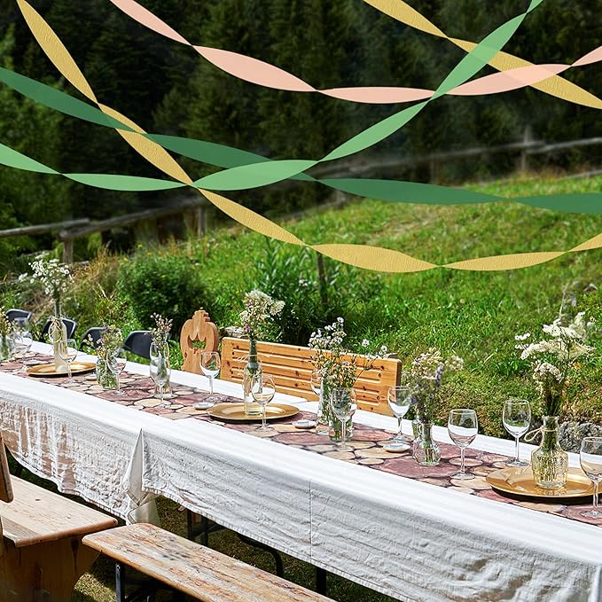 8 Rolls Crepe Paper Streamers, Green, Gold and Peach Pink Streamers Party Decorations for Wedding Bridal Shower Baby Shower Birthday Christmas Party