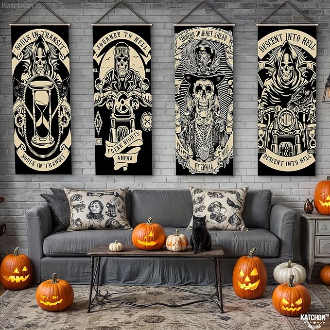 KatchOn, Scary Halloween wall decorations - Pack of 4 | Grim Reaper Stretching Portraits For Halloween Decoration | Vintage Vinyl Hanging Portraits for Haunted House Decoration for Outdoor Indoor Home