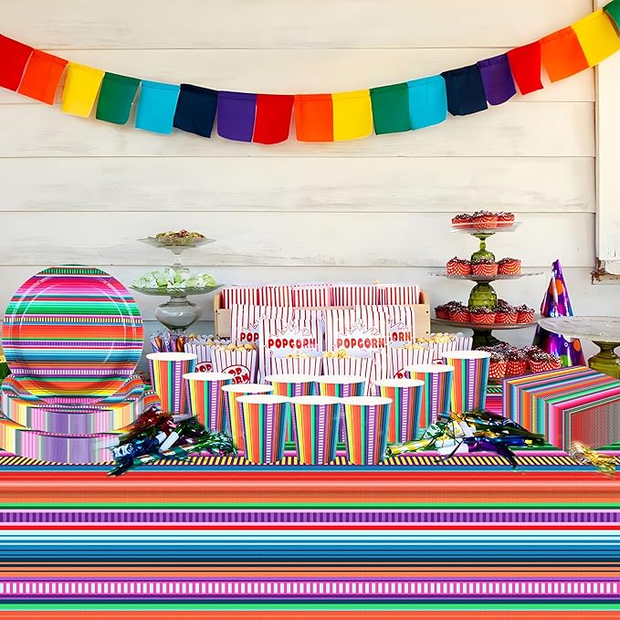 177 PCS Mexican Fiesta Party Supplies Fiesta Tableware Set Mexican Serape Paper Plates Napkins Cups Mexico Stripes Plastic Tablecloth for Cinco De Mayo Mexico Birthday Party