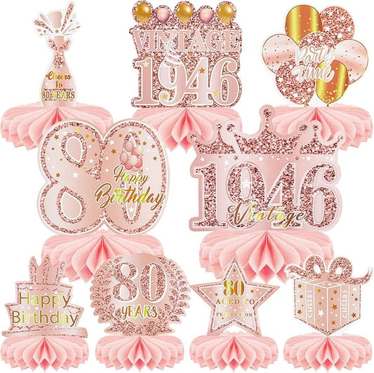 9 Pcs 80th Birthday Decoration for Women Happy 80th Birthday Table Honeycomb Decorations Rose Gold Pink Centerpieces Tables Toppers1946 Decor Cheers to 80 Years Old Birthday Party Favors