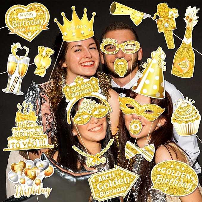 25 Pcs Golden Birthday Photo Booth Props Kit, Gold Glitter Stay Golden Birthday Party Decoration Set, Funny Happy Gold Bday Selfie Photo Props for Boys Girls Women Men, Birthdays Party Supplies