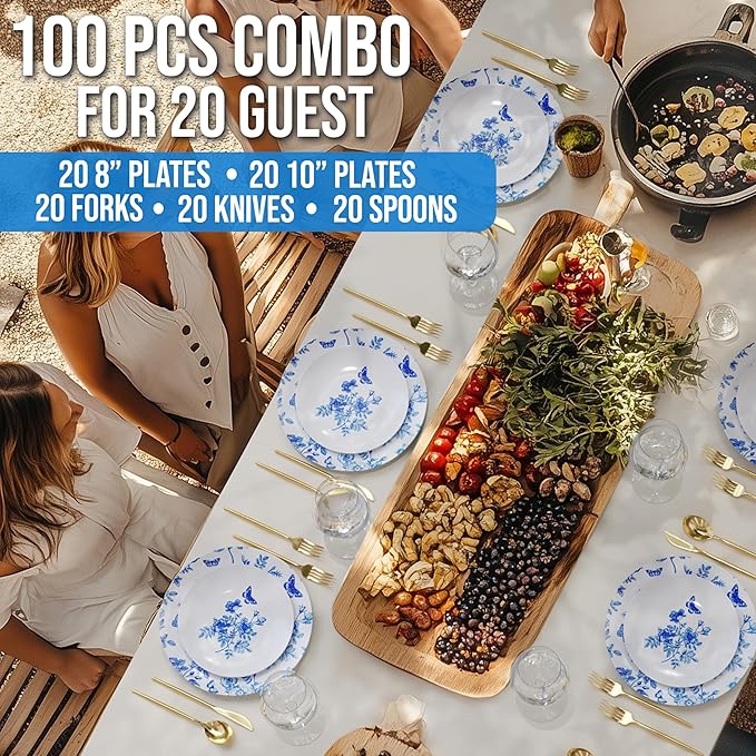 Trendables Fancy Plastic Dinnerware Sets 100 Pc Set 20 Guests Gold Silverware Disposable 20 X 10 Inch Charger Plates 20 X 8 Inch Dessert Plates 20 x Gold Plastic Forks and Spoons Knives In Botanical