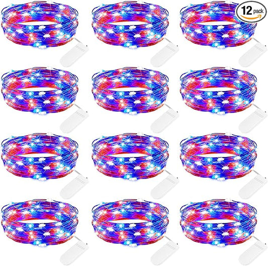 Brightown 4th of July Decor Patriotic Fairy Lights, 7 FT. Silver Wire Red White Blue String Lights, Firefly Starry Moon Lights, Micro LED Mini Fairy Lights for Jars DIY Picture Wedding