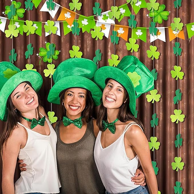 40Ft Glitter Shamrock Clover Garland St. Patrick's Day Decor Light Dark Green Hanging Streamer for Irish Lucky Spring Party Home Office Decor Supplies