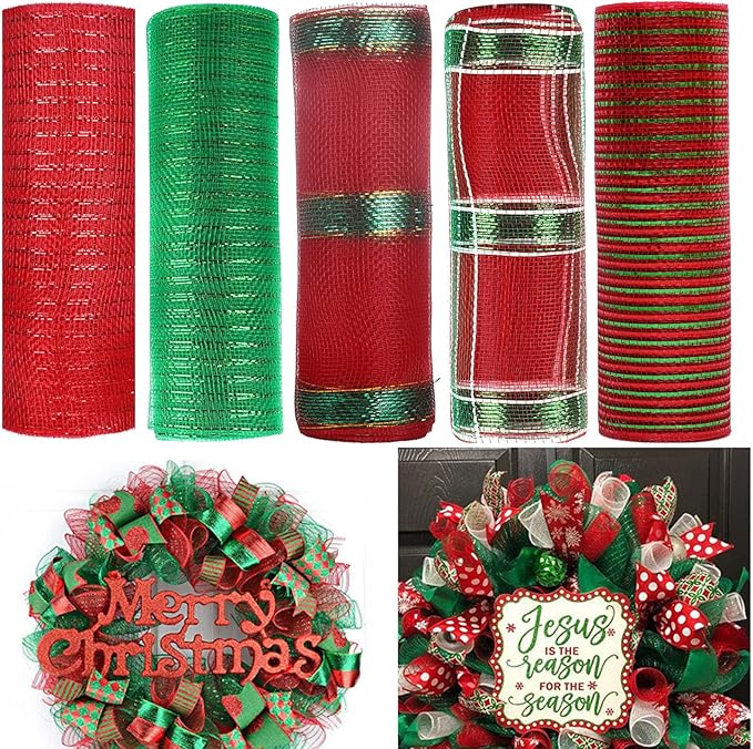 5 Rolls Christmas Mesh Ribbon for Wreath, 10 Inch x 30FT Per Roll Metallic Foil Deco Mesh Rolls Red Green Stripe Decorative Mesh for Christmas Tree Winter Holiday Wreath Party Decor