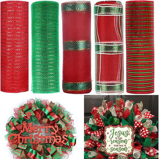 5 Rolls Christmas Mesh Ribbon for Wreath, 10 Inch x 30FT Per Roll Metallic Foil Deco Mesh Rolls Red Green Stripe Decorative Mesh for Christmas Tree Winter Holiday Wreath Party Decor