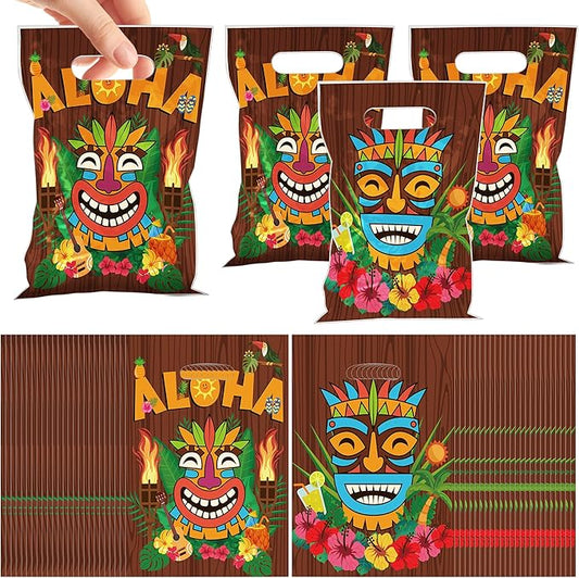 MOIZYNG 50Pcs Hawaiian Gift Bags with Handles, Tropical Floral Aloha Tiki Luau Plastic Candy Treat Goodie Bags for Hawaii Summer Beach Pool Birthday Party Favors Supplies