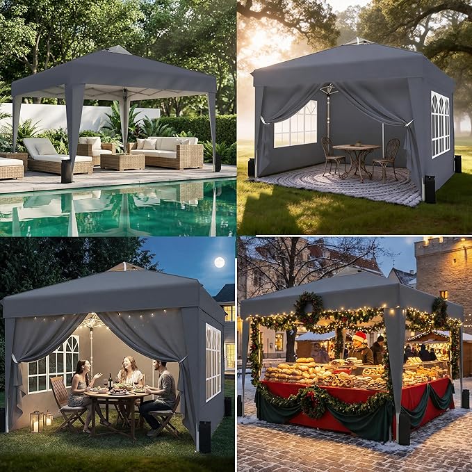 SANWAY 10x10 Pop Up Canopy Tent with Sidewalls x 4 – Easy Setup Canopy Tent, Waterproof, UV-Resistant, Portable with Carry Bag for Outdoor Events, Camping, and Backyard Parties – Dark Gray