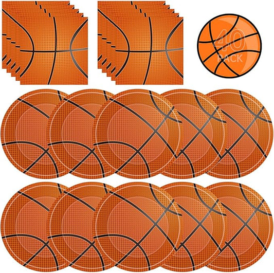 40 Pcs Basketball Plates and Napkins Sets - Sports Birthday Party Supplies Tableware, Brown Disposable Paper Plates Napkins Kit for Basketball Birthday Party Decorations Table Decor, Serves 20
