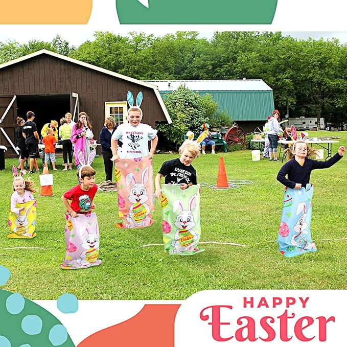 Civaner 30 Pcs Outdoor Games Set for Kids Includes 6 Bunny Potato Sack Race Bags 6 Egg and Spoon 6 Bunny Ears Headbands 6 Legged Relay Race Band for Game Party(Rainbow Color,Cute)